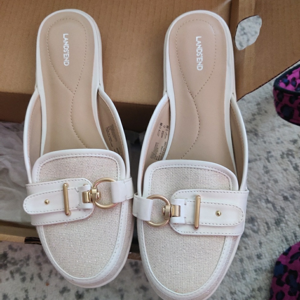 Lands End Ivory Shimmer Buckle Mule slip-on